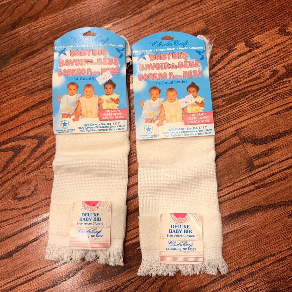 Charles Craft Deluxe Baby Bib White 14 Count Aida Cross Stitch 2 Pack Vintage